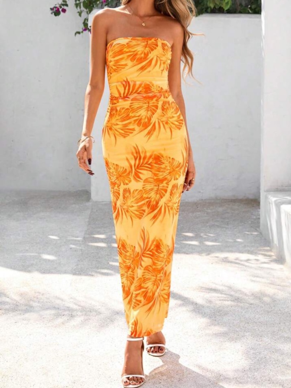 Yellow and Orange Leaves Strapless Maxi